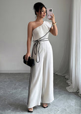 Ruffled One Shoulder Jumpsuit with Belt